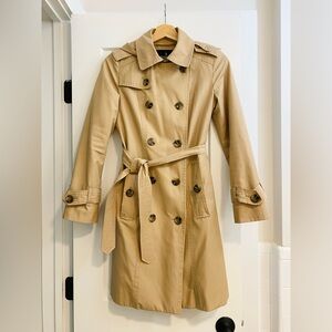 London Fog Double-Breasted Hooded Long Trench Coat with Belt